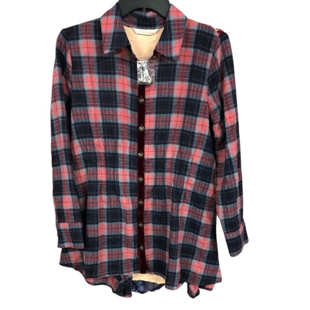 Soft Surroundings Women's Plaid Velvet Trim Button Up Shirt Size PS